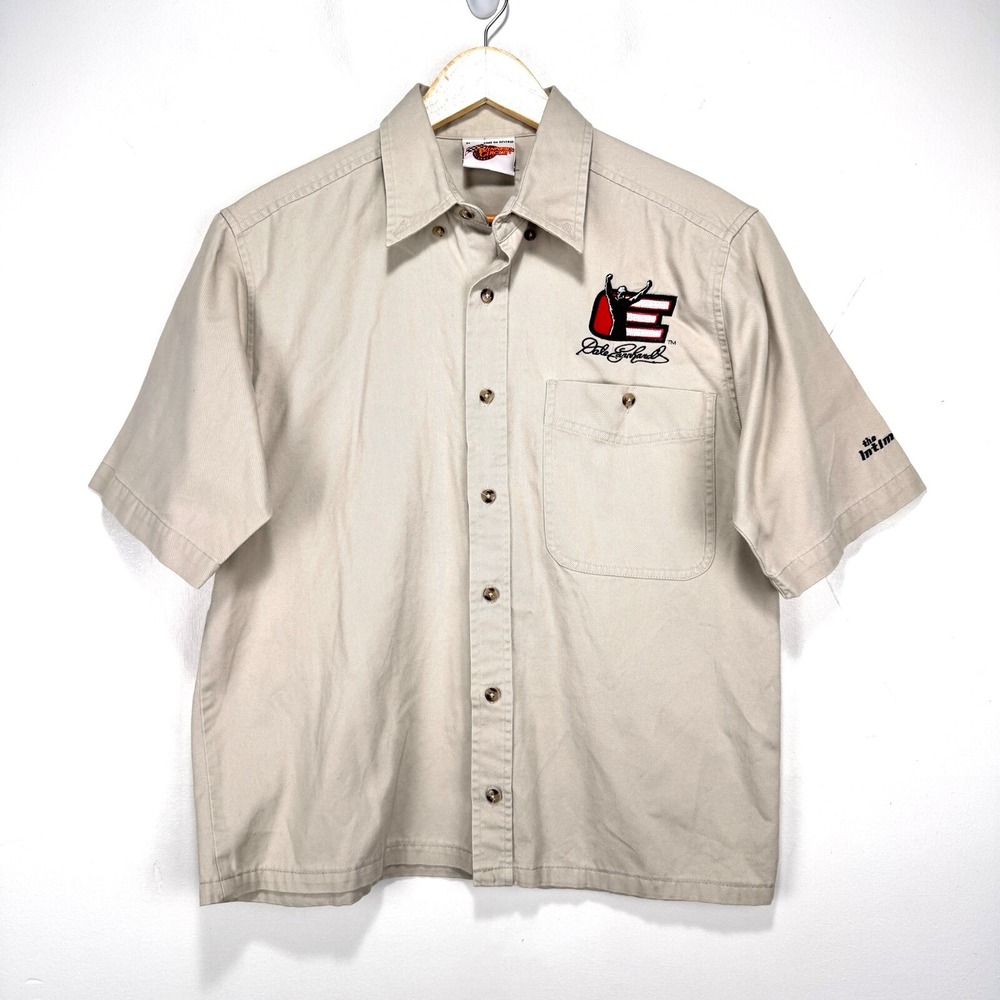 Dale Earnhardt Short Sleeve Button Shirt Sz Medium Khaki Logo Intimidator Cotton